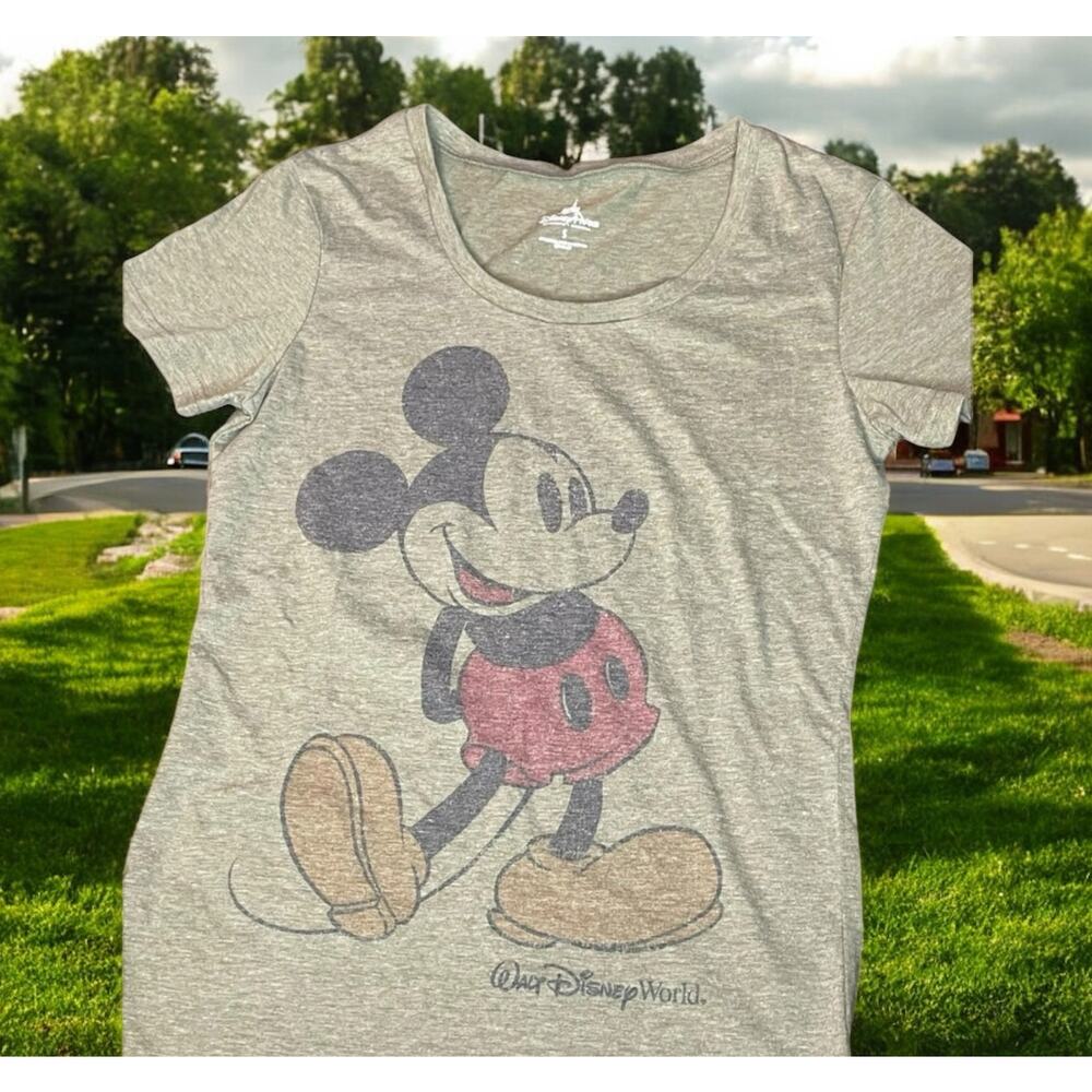 Disney Parks Mickey Mouse T-Shirt Womens Small Green Gray World Land Cotton Tee